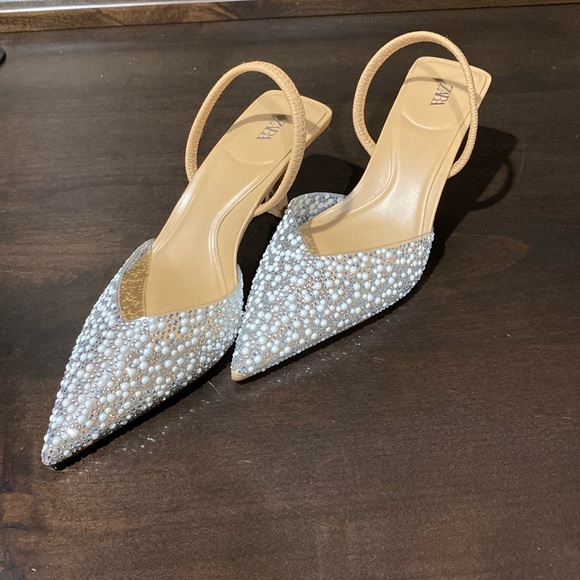 Zara Shoes - Zara Embellished Pearl Rhinestone Slingback Kitten Heel Size 6 US Size 36 EUR